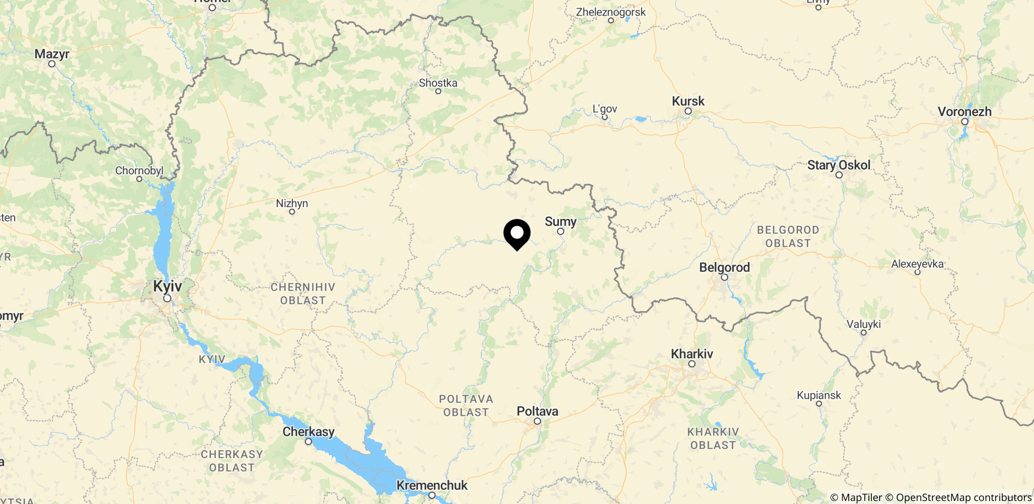 Området omkring Sumy i Ukraine, hvor børnehaven blev ramt