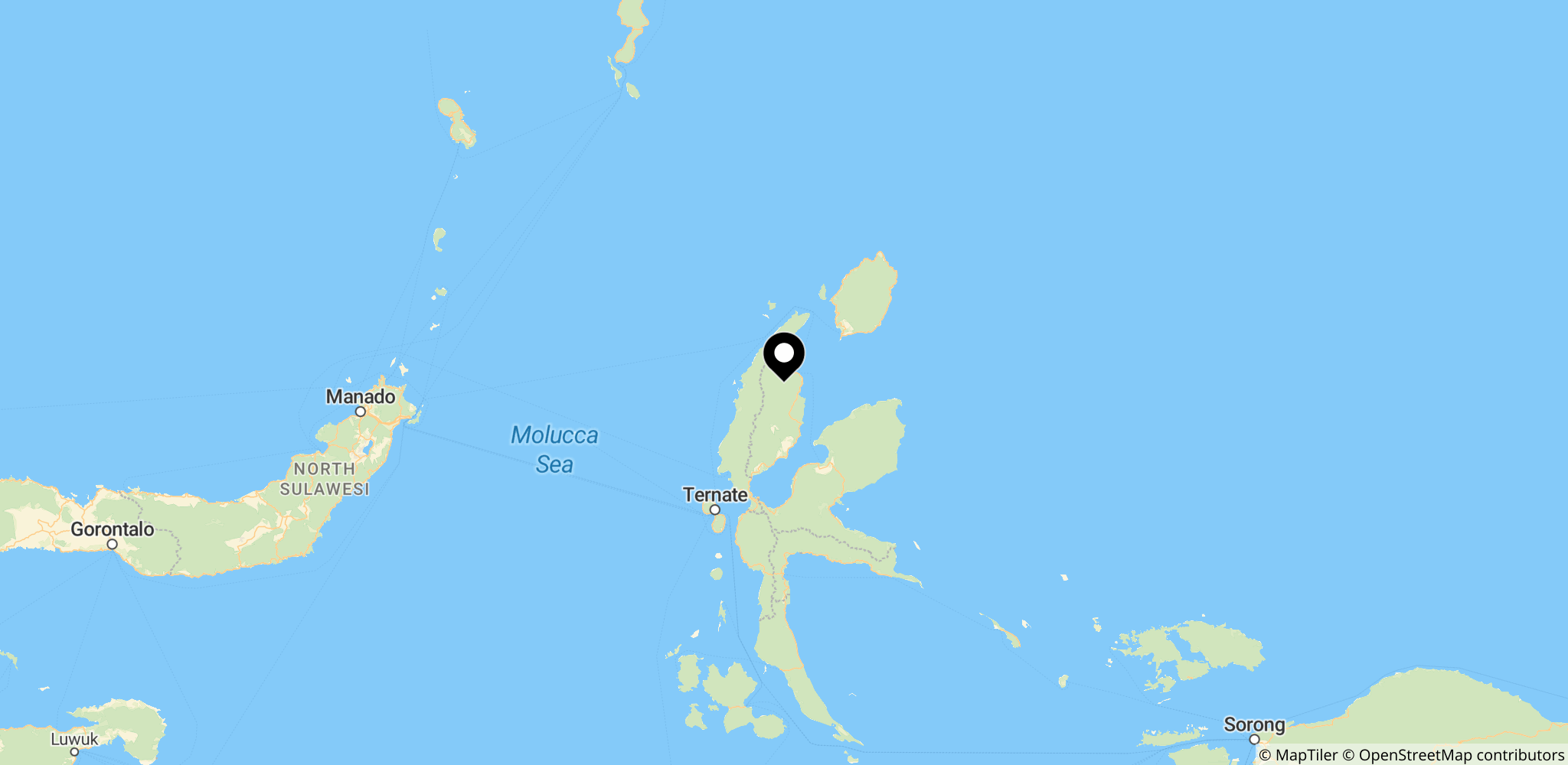 Området omkring Mount Dukono på Halmahera i Nordmaluku, Indonesien, der viser vulkanens placering.