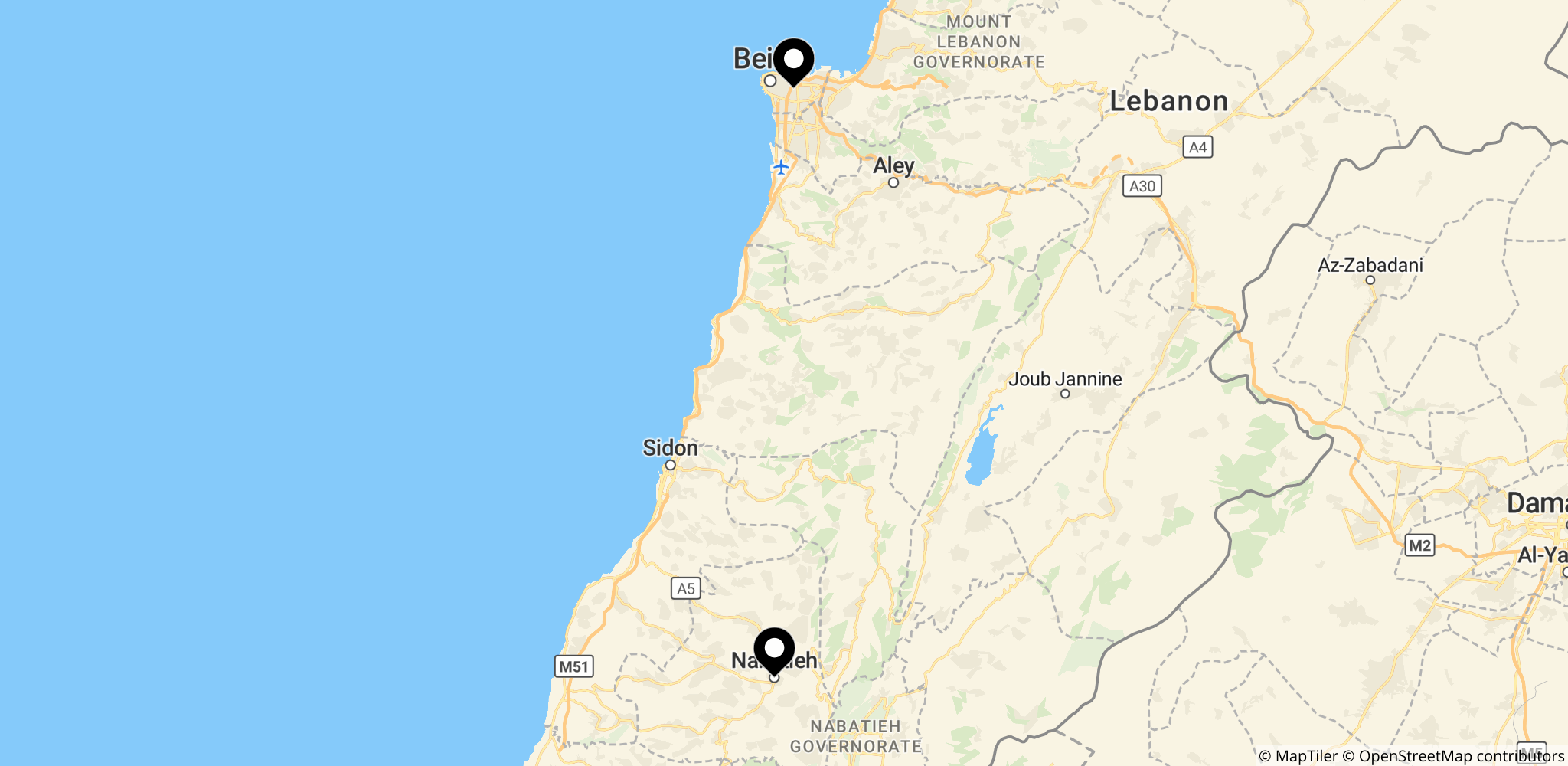 Områder i Sydlibanon og omkring Beirut nævnt i artiklen, herunder Saksakiyeh.