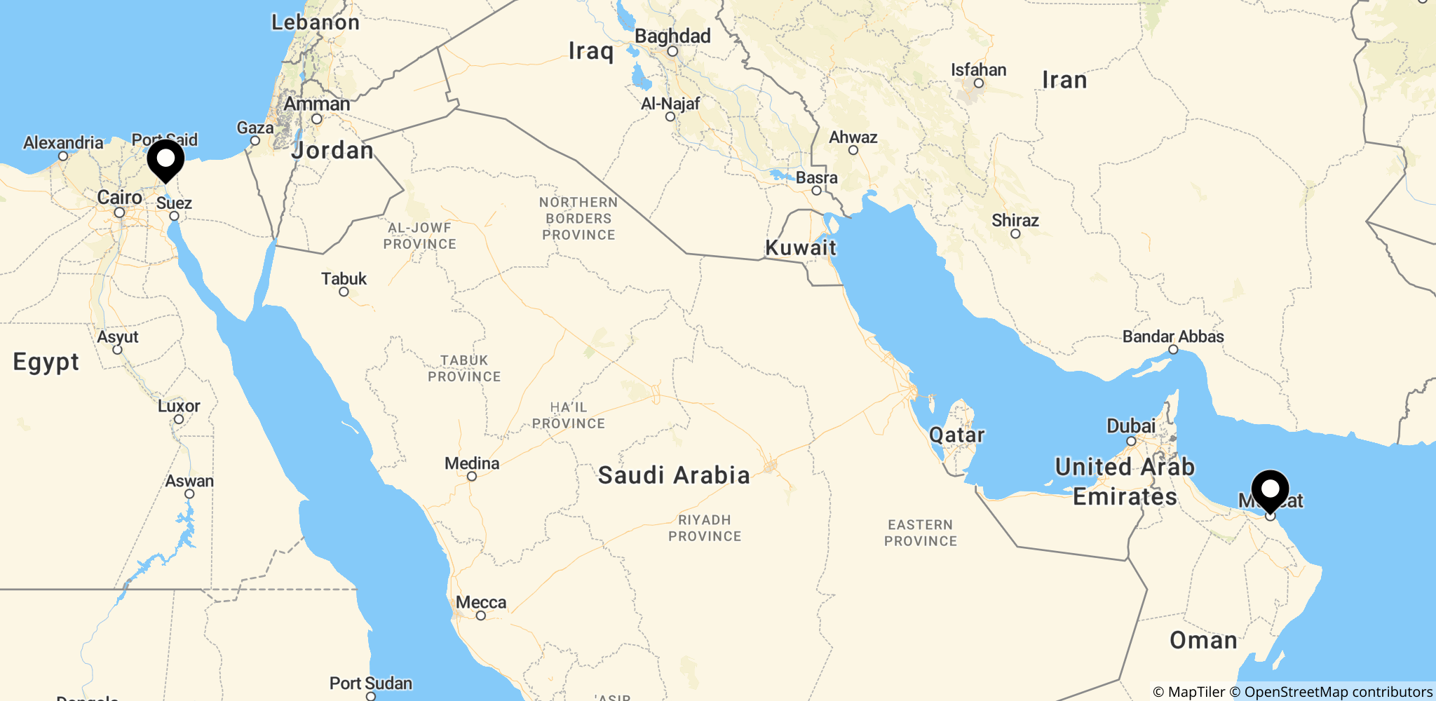 Kort der viser Strait of Hormuz og nærliggende farvande som omtalt i artiklen
