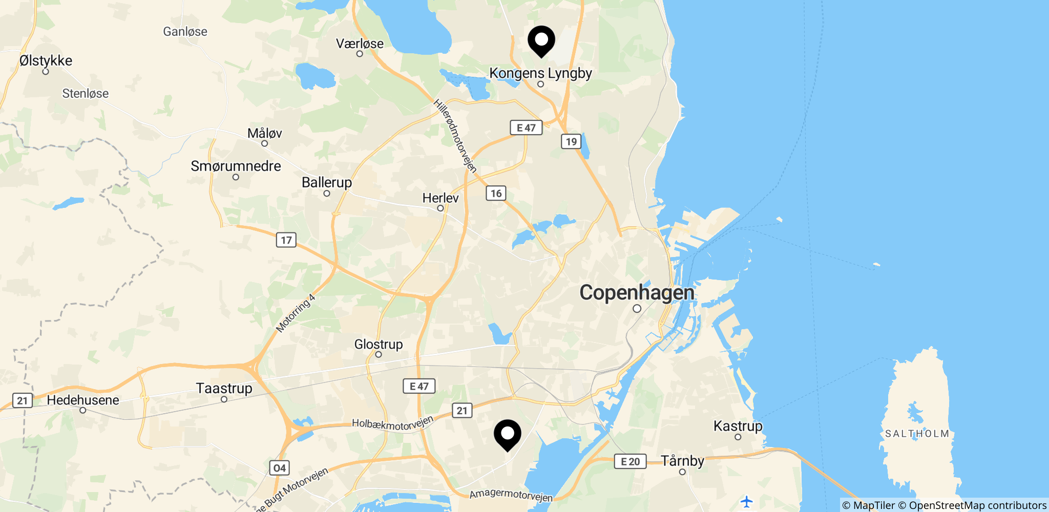 Kort over Lyngby Stadion og Hvidovre Stadion i Københavnsområdet