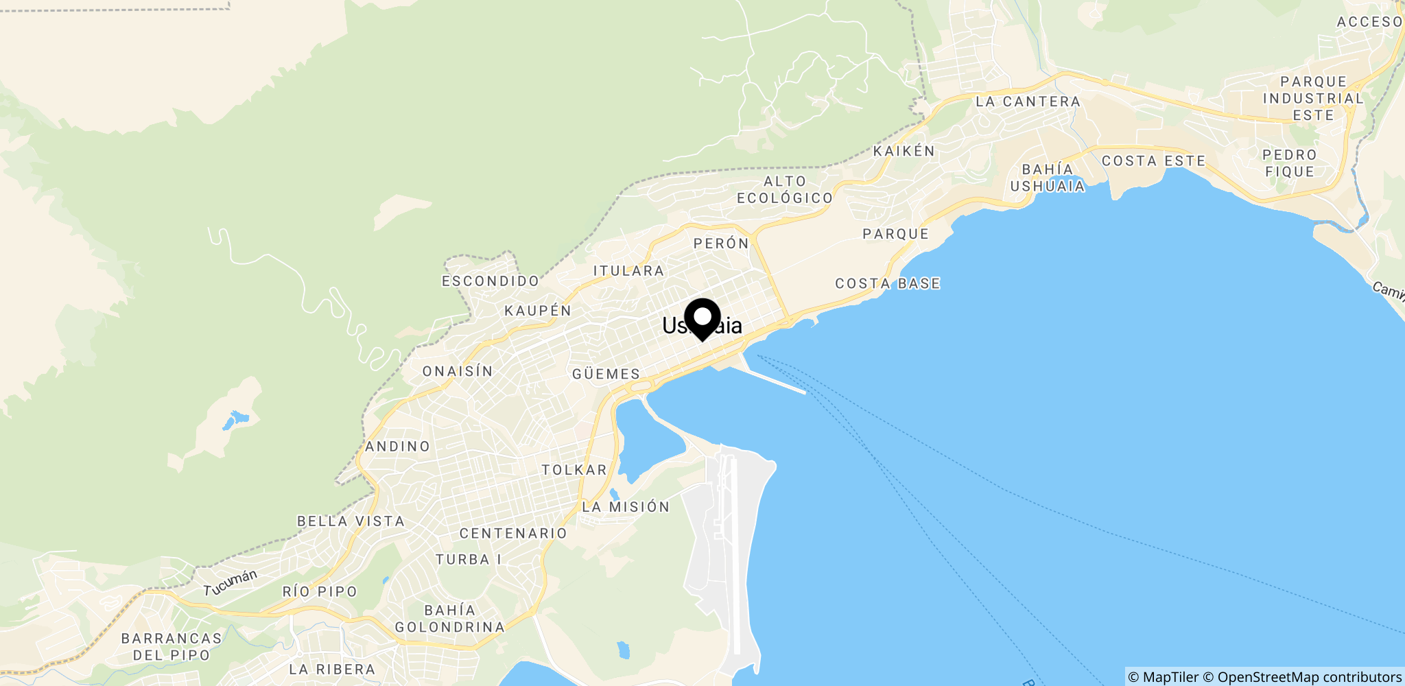 Kort over Ushuaia i Tierra del Fuegø, Argentina – byen/området hvor eksponering i Hondius-sagen mistænkes at have startede