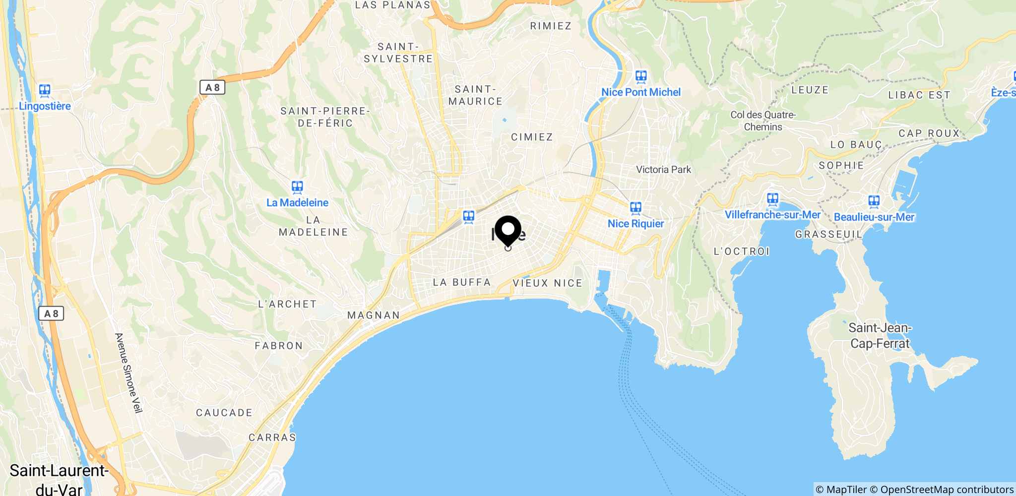 Nice, Frankrig – placering af byen ved Middelhavet og Côte d'Azur i relation til skyderiet