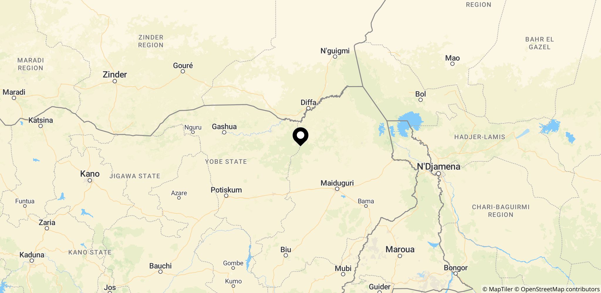 Landsbyen Jilli ved grænsen mellem Yobe og Borno i Nigeria, hvor markedet blev ramt i april.