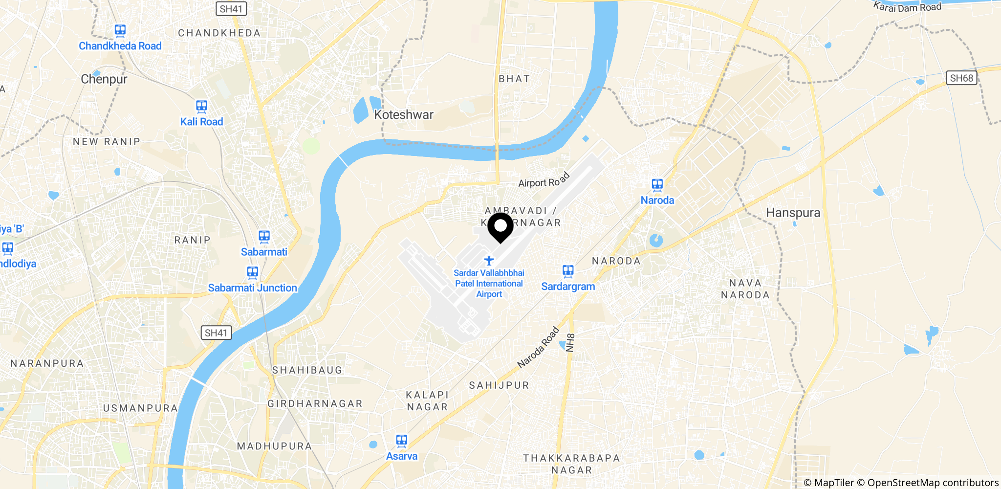 Lokationen for flystyrtet tæt på Ahmedabad i Gujarat, Indien.
