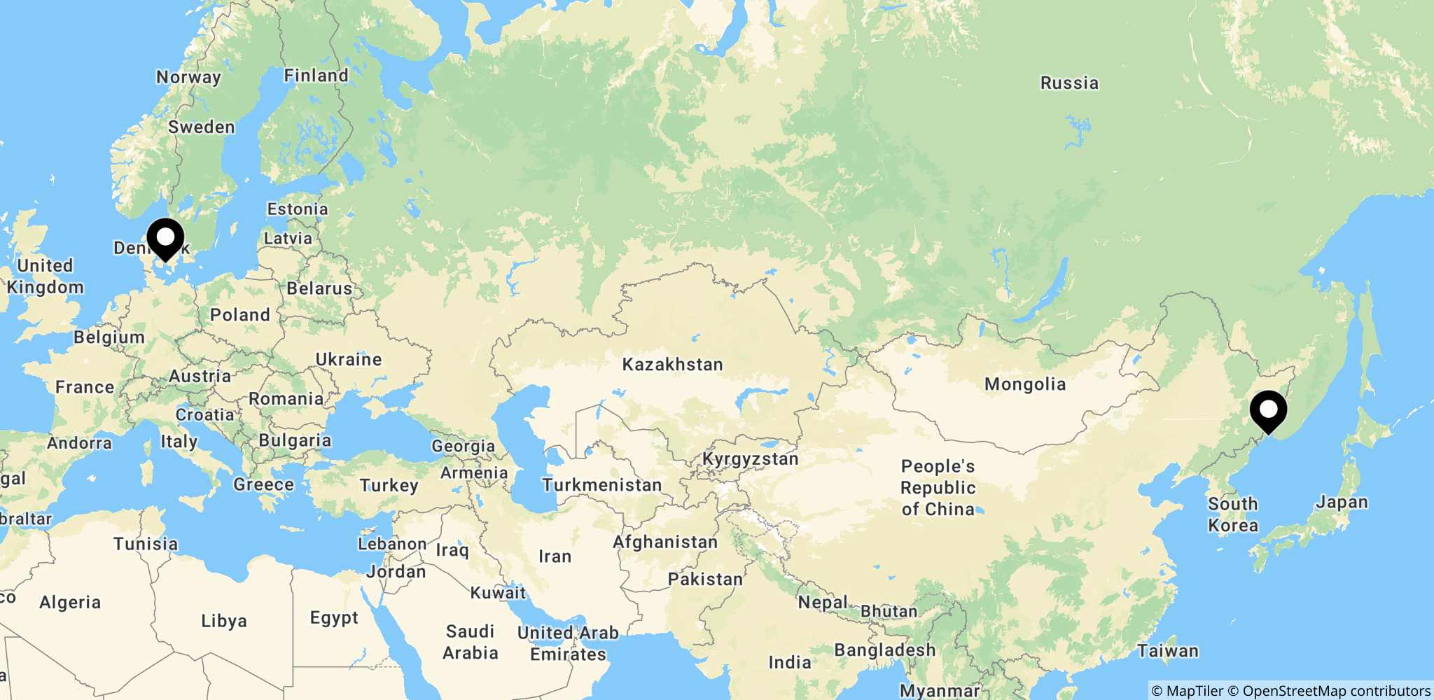 Kort der viser Storebæltsbroen og de øvrige nævnte placeringer i historien (afrejse fra Sankt Petersborg, passage gennem Danmark og potentielle russiske destinationer).