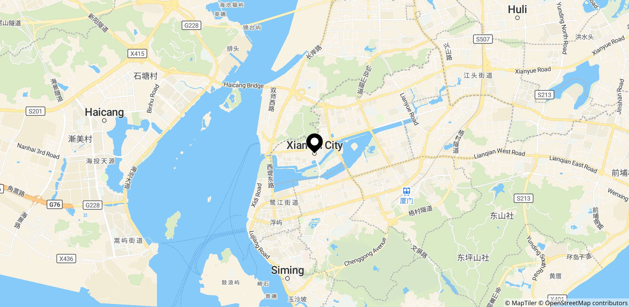 Xiamen i Fujian, Kina, beliggende tæt ved Taiwans sydlige kyst og Taiwanstrædet – et af de nærmeste fastlandspunkter til Taiwan