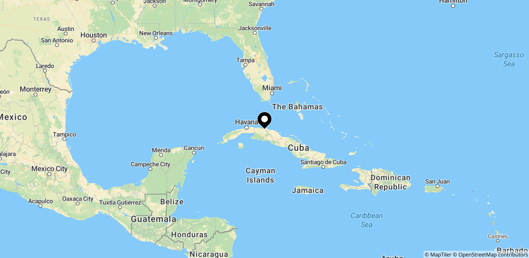 Kort over Cuba, der viser landets placering i Caribien i forbindelse med energikrisen.