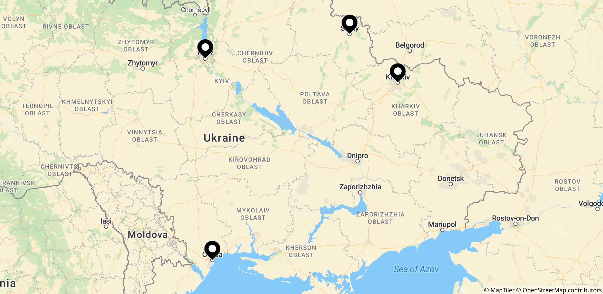 Kort over Kyiv og andre berørte byer i Ukraine (Kharkiv, Sumy og Odesa) efter russiske luftangreb