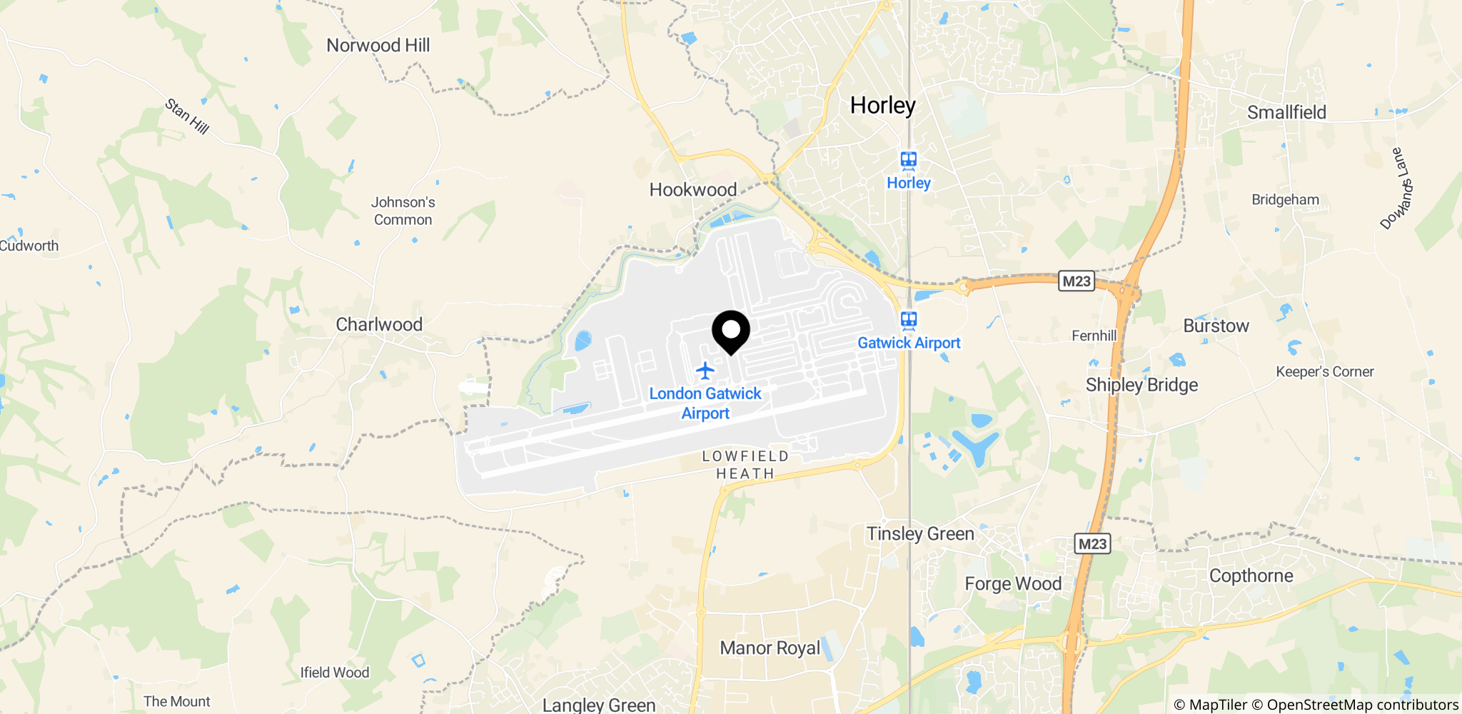 Gatwick-lufthavnen i Crawley, Vest-Sussex, England, Storbritannien, som nævnt som det mest kendte eksempel