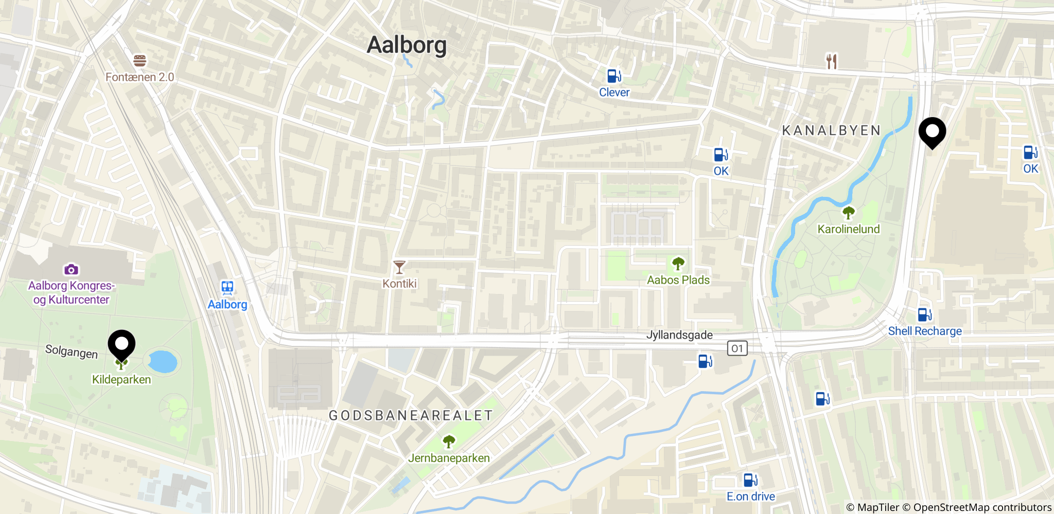Området omkring Aalborg Karneval: Kildeparken, midtbyen og optogsruten.