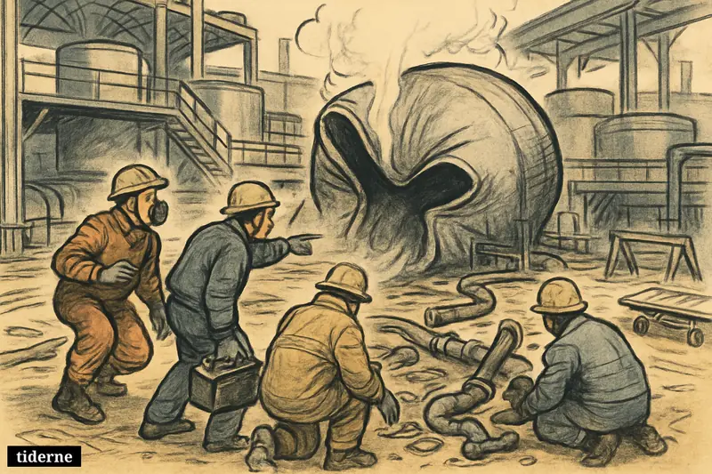 Rescue workers in protective gear surround an imploded chemical tank inside a damaged paper mill after a deadly industrial leak.