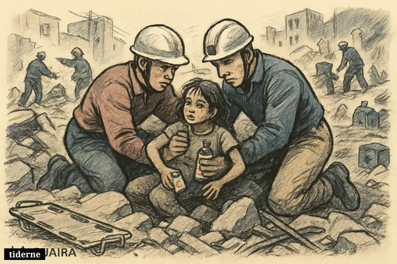 Rescue workers pull a weary young girl alive from earthquake rubble as emergency crews continue searching through collapsed buildings behind them.
