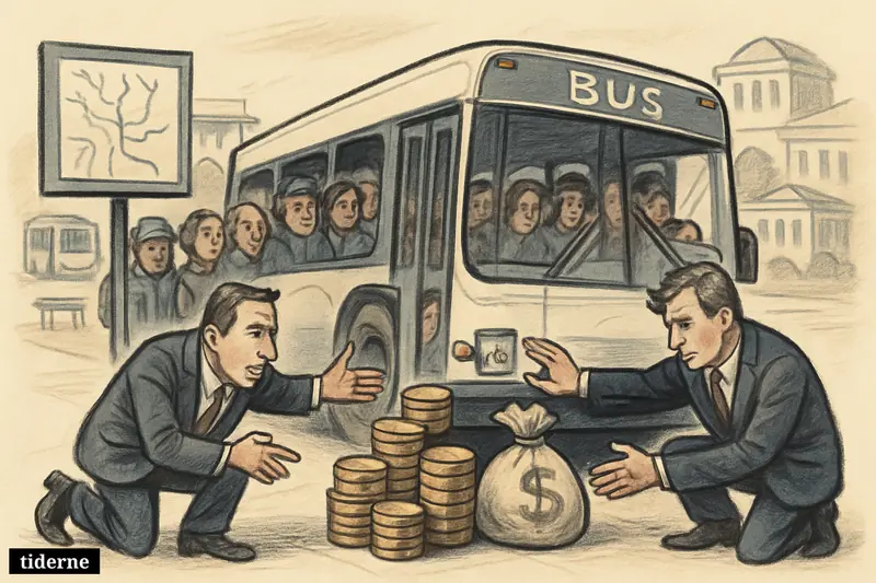 A strained city bus is supported by officials using money stacks while passengers and transit workers watch at a bus stop.