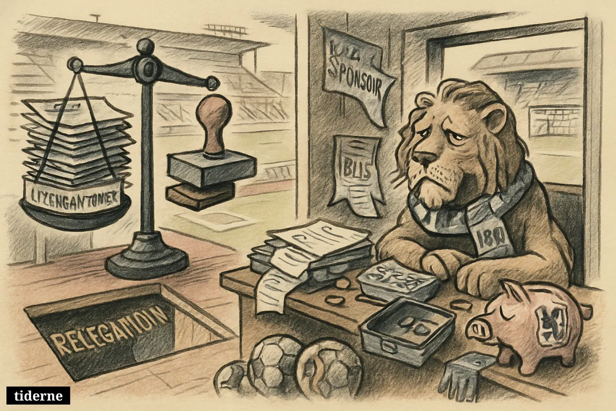 A slumped lion mascot in a football office faces unpaid bills, empty cash reserves, licensing papers, and a trapdoor leading down to a lower pitch.