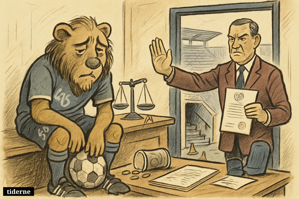 A sad lion mascot in a football office faces a licensing official as a broken path leads down to a lower division pitch.