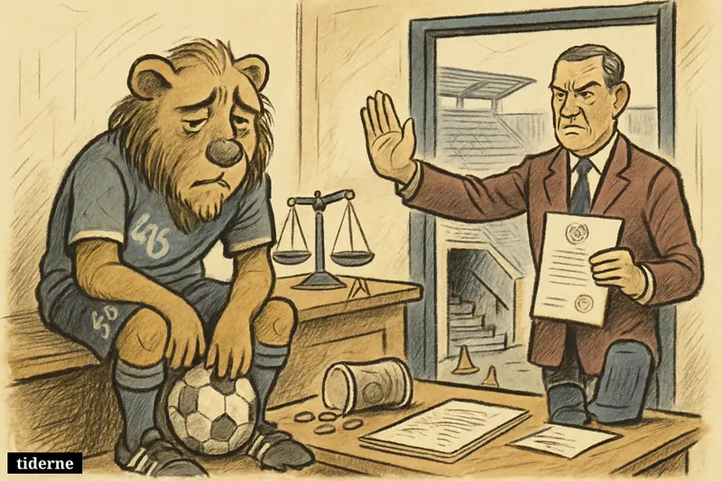 A sad lion mascot in a football office faces a licensing official as a broken path leads down to a lower division pitch.