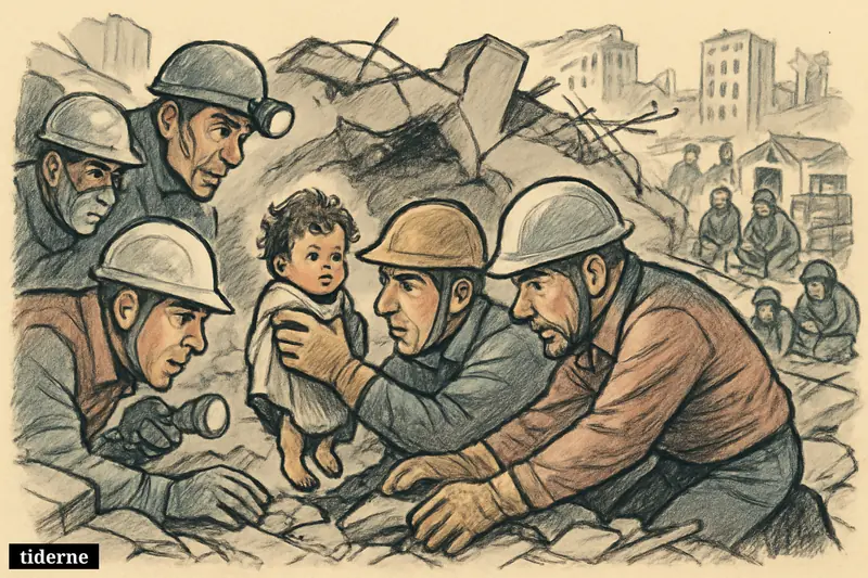 Rescue workers pull a toddler alive from earthquake rubble as aid crews, a dog, and emergency supplies surround the scene.