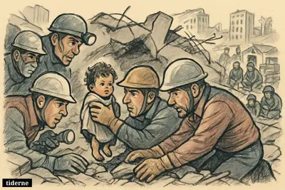 Rescue workers pull a toddler alive from earthquake rubble as aid crews, a dog, and emergency supplies surround the scene.