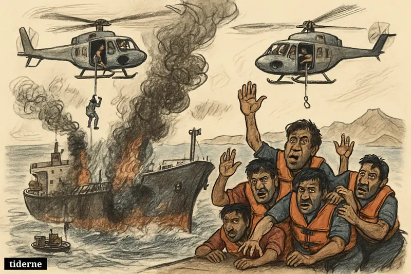A burning tanker near Oman as helicopters rescue Indian sailors from the smoke-filled deck above rough water.