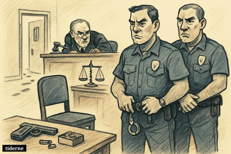 A courtroom caricature with an empty defendant chair, police officers, a judge, and a pistol with cartridges displayed as evidence. (AI-genereret illustration)