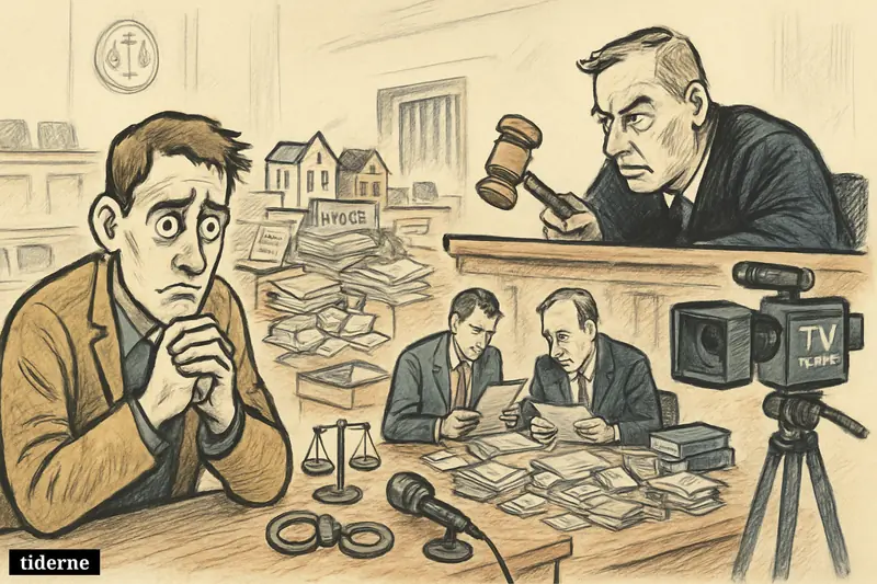 A worried young defendant sits in a courtroom surrounded by fake invoices, investigators, a judge, and media equipment symbolizing a money-laundering conviction.