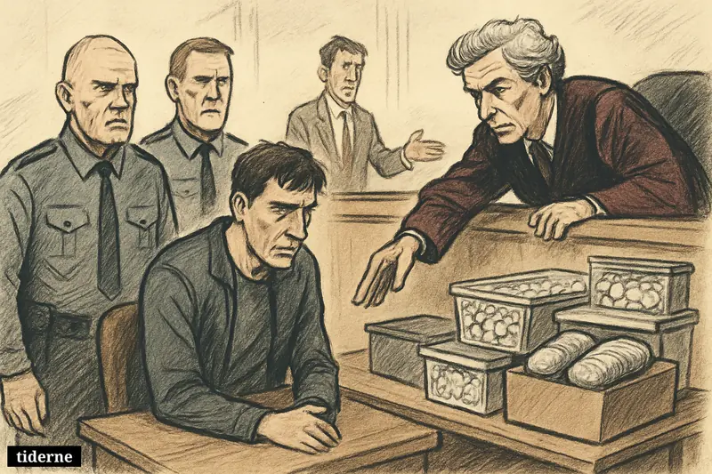 A courtroom caricature shows a slumped defendant, stern judge, court officers, and large piles of seized pills and drug bundles as evidence.