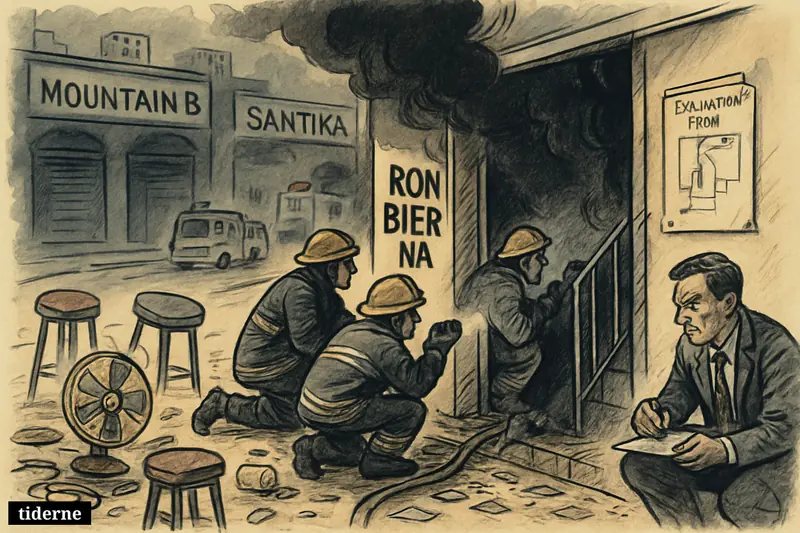 A smoke-damaged Bangkok bar entrance, firefighters and an investigator amid blocked exits and debris, with shadowy nightclub facades repeating the deadly pattern. (AI-genereret illustration)