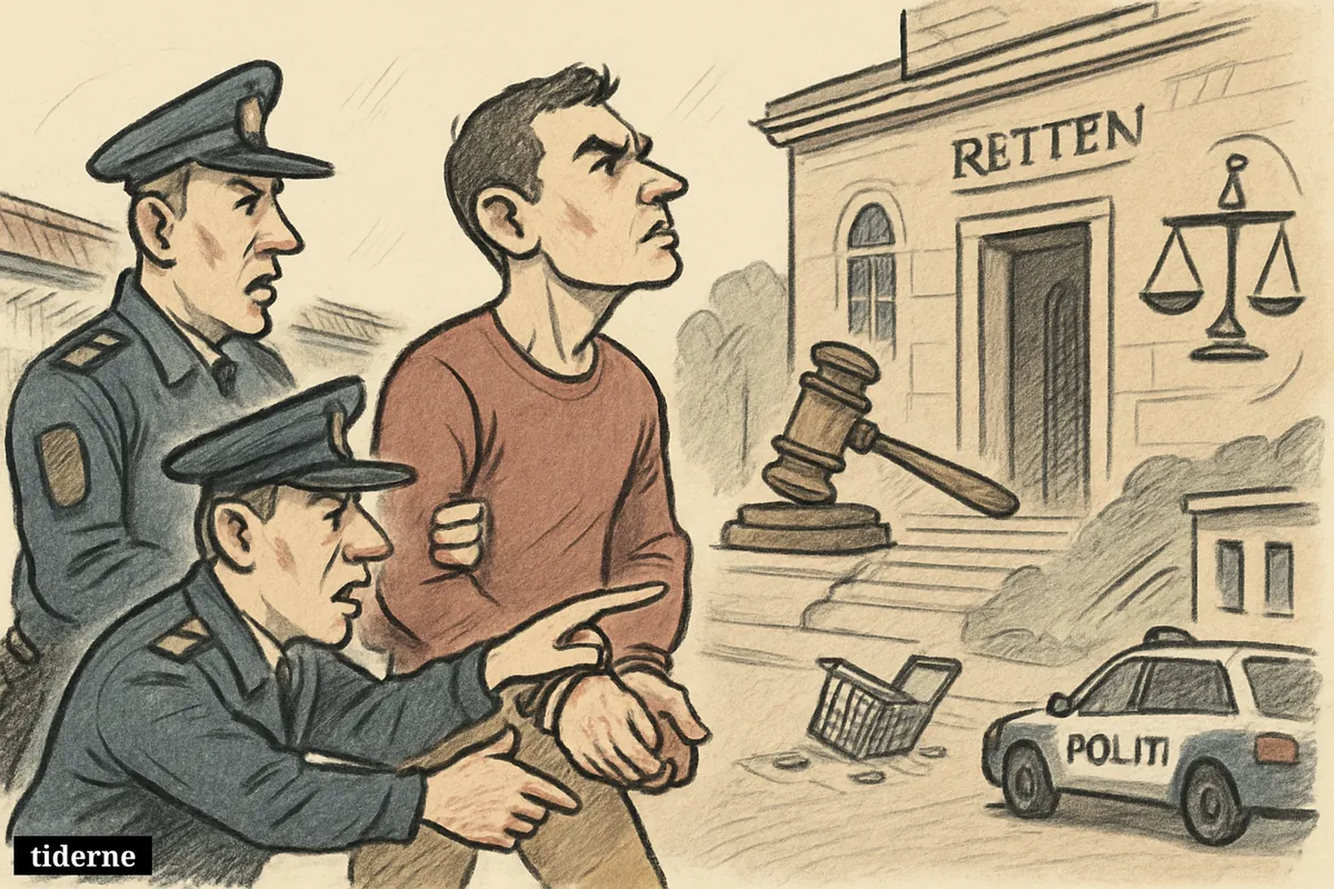 Police escort a tense handcuffed suspect toward a courthouse, with a SPAR grocery storefront and legal symbols visible nearby. (AI-genereret illustration)