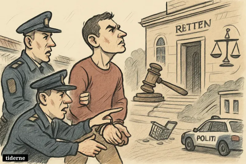 Police escort a tense handcuffed suspect toward a courthouse, with a SPAR grocery storefront and legal symbols visible nearby. (AI-genereret illustration)