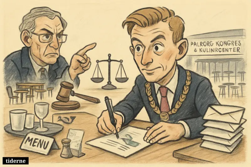 Caricature of Aalborg’s mayor signing controversial letters as a law professor points at legal symbols near restaurant and conference center elements.