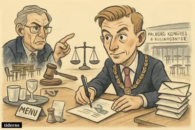 Caricature of Aalborg’s mayor signing controversial letters as a law professor points at legal symbols near restaurant and conference center elements.