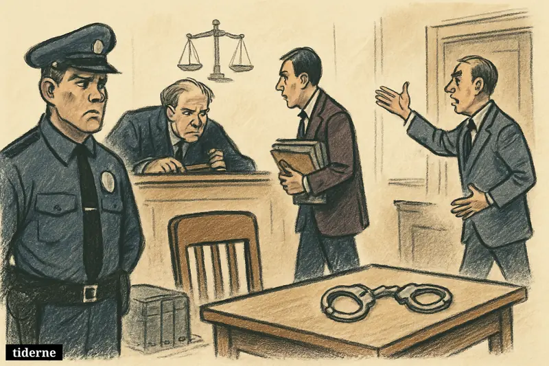 A courtroom scene with judge, prosecutor, police officer, empty defendant chair, handcuffs, and a closed-door hearing atmosphere.