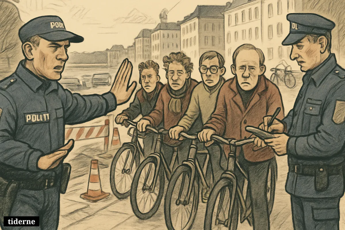 Police stop a row of cyclists on a Copenhagen sidewalk beside roadwork, as officers issue fines and riders react with embarrassment and frustration. (AI-genereret illustration)