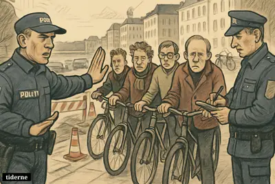 Police stop a row of cyclists on a Copenhagen sidewalk beside roadwork, as officers issue fines and riders react with embarrassment and frustration. (AI-genereret illustration)