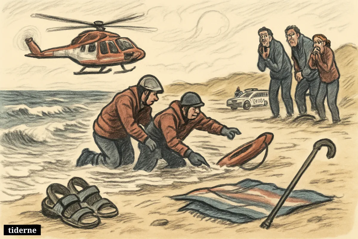 Rescue workers search a windy Fanø beach as a helicopter hovers overhead and an elderly swimmer’s belongings rest abandoned by the shore. (AI-genereret illustration)