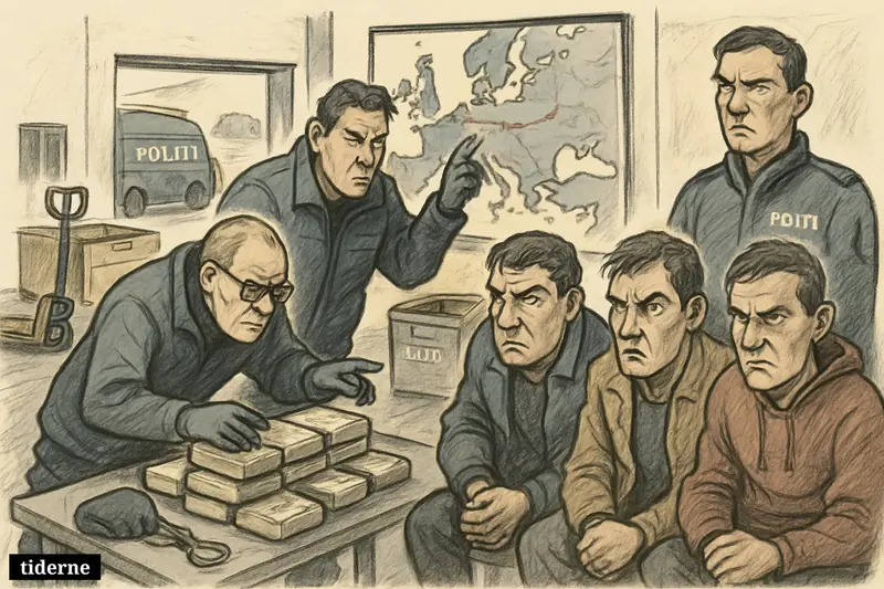 Police and suspects gather around a large cocaine seizure in an evidence room, with shipping clues suggesting an international smuggling network.