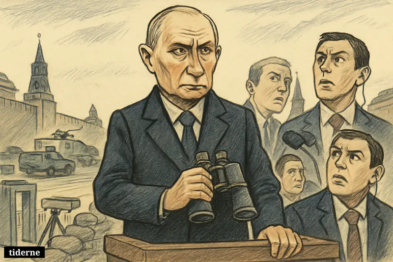 Caricature of Vladimir Putin on a Moscow parade platform, surrounded by tense security and anti-drone defenses before Victory Day.