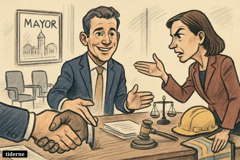 Caricature of Aalborg mayor Lasse Frimand Jensen and politician Trine Jepsen confronting each other across a desk over a labor controversy.