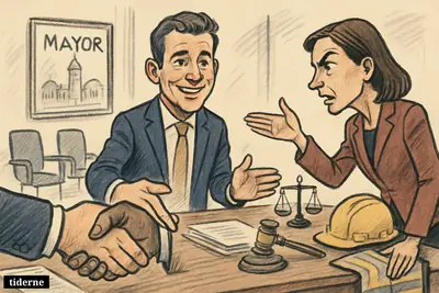 Caricature of Aalborg mayor Lasse Frimand Jensen and politician Trine Jepsen confronting each other across a desk over a labor controversy.