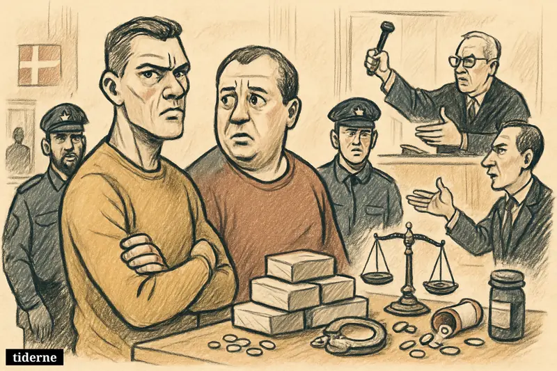 Two convicted men in a courtroom caricature stand under guard beside drug evidence, while a judge signals a harsh sentence.