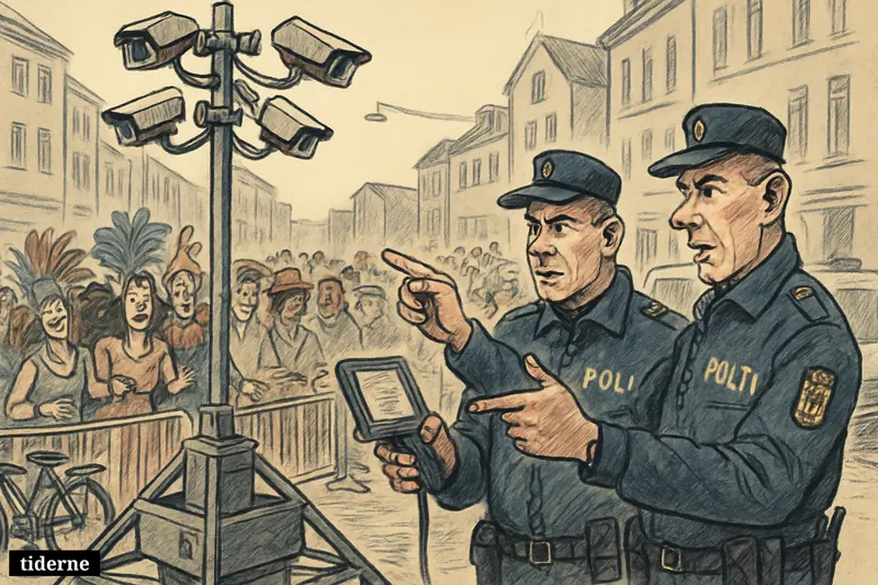 Police officers monitor temporary CCTV above a tightly packed Aalborg carnival crowd in the city center.