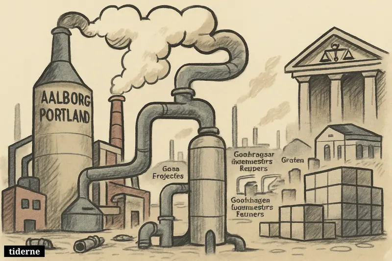 A giant cement plant with carbon-capture machinery overwhelms smaller rival facilities, while fragile pipes and storage equipment suggest a shaky CCS system.