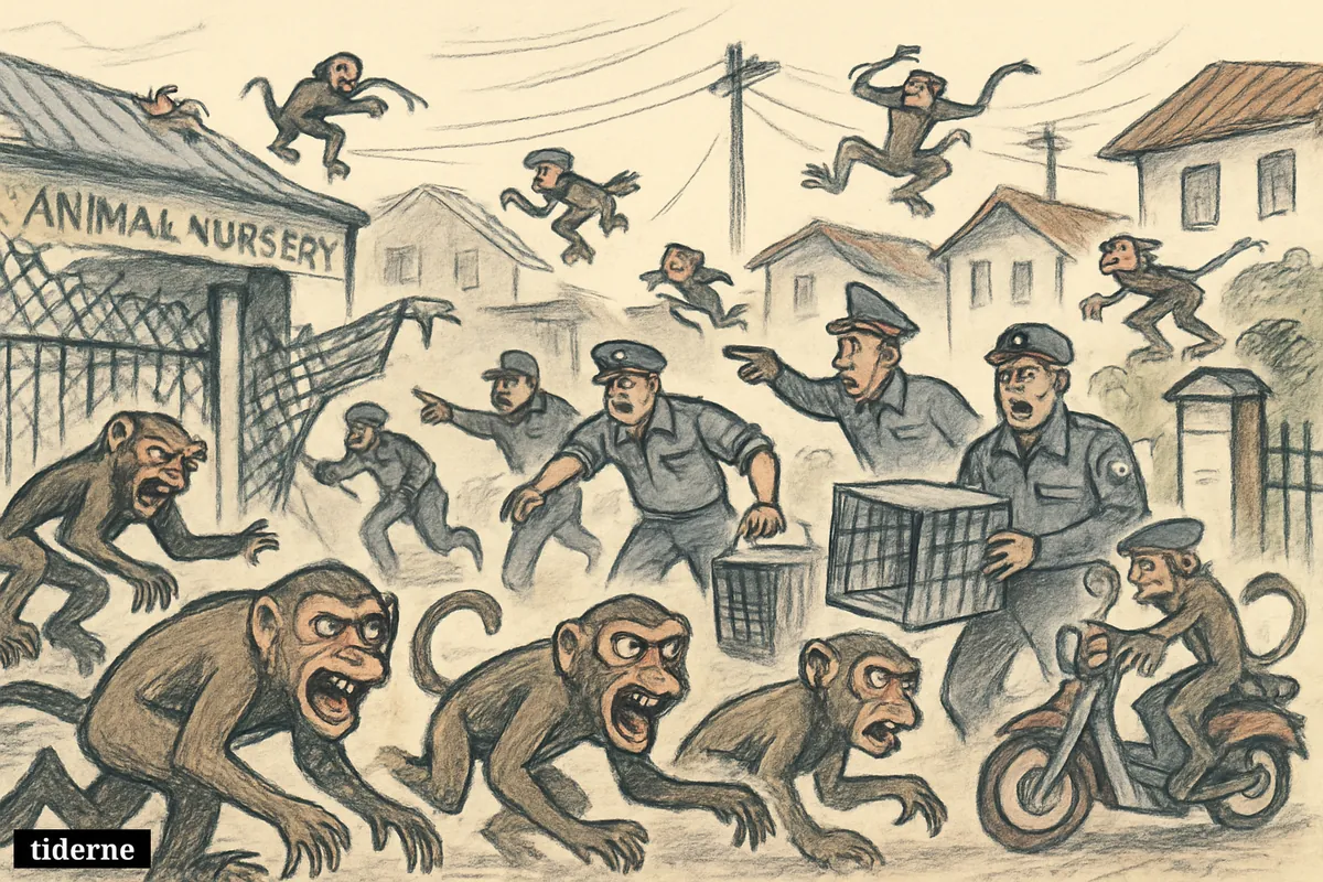 Dozens of escaping monkeys swarm a Thai neighborhood while uniformed officials with nets and cages try to capture them near a broken enclosure.