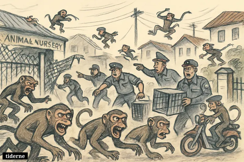 Dozens of escaping monkeys swarm a Thai neighborhood while uniformed officials with nets and cages try to capture them near a broken enclosure.