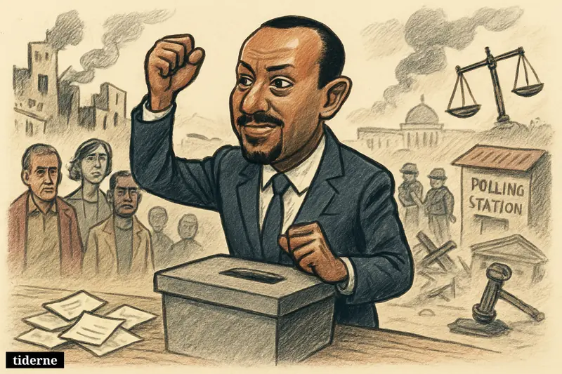 Caricature of Abiy Ahmed by a ballot box, celebrating cautiously as voters, soldiers, smoke, and damaged buildings suggest unrest and repression.