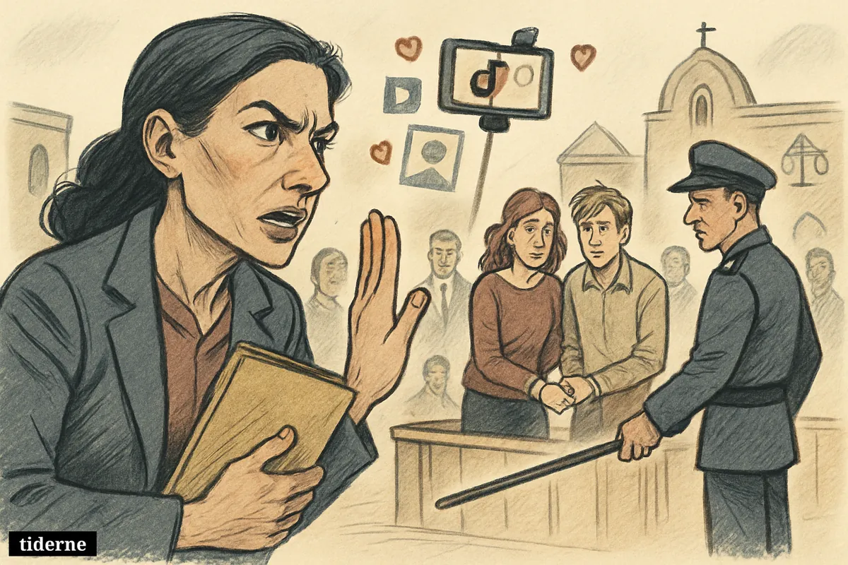Montse Ferrer protests as a frightened couple faces public caning on a platform, while a phone records and justice symbols loom behind.