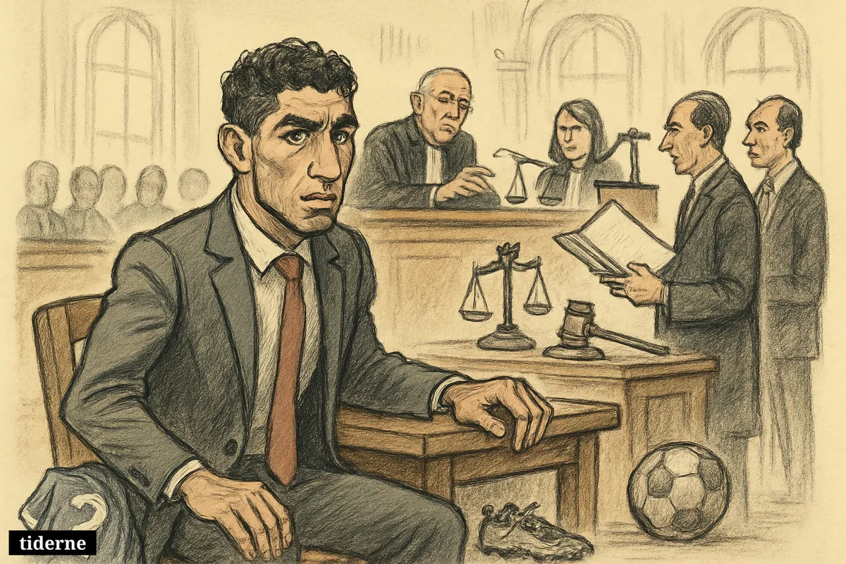 A caricature of Achraf Hakimi sits tensely in a French courtroom, surrounded by judges, lawyers, and subtle football references.