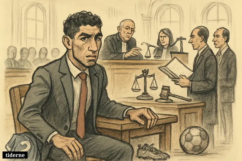 A caricature of Achraf Hakimi sits tensely in a French courtroom, surrounded by judges, lawyers, and subtle football references.