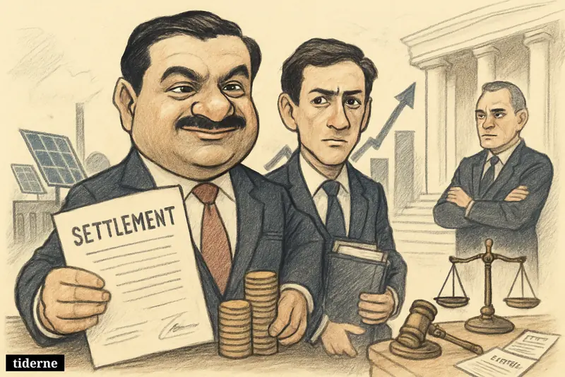 Gautam and Sagar Adani stand outside a courthouse with settlement papers, watched by an SEC official, while energy assets and a rising market chart appear behind them.